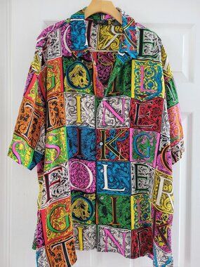 Vintage Timney-Fowler Mens Silk Shirt Renaissance Alphabet Print Designer Art